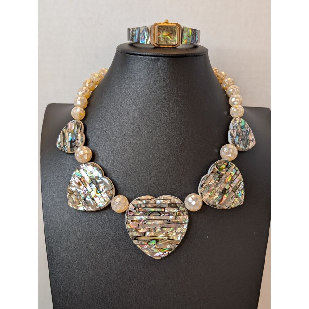 Jay King DRT MOP & Abalone Heart Reversible Necklace 925 Closure Matching Watch